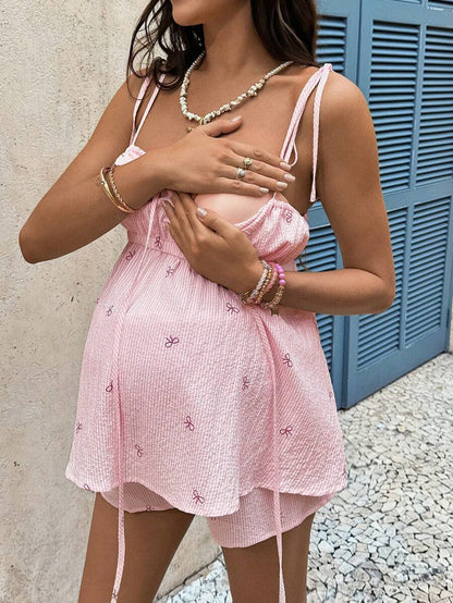 Pink Butterfly Print Maternity & Nursing 2-Piece Set – Knot Shoulder Camisole and High Waist Shorts Boho Summer Vacation Lounge Set