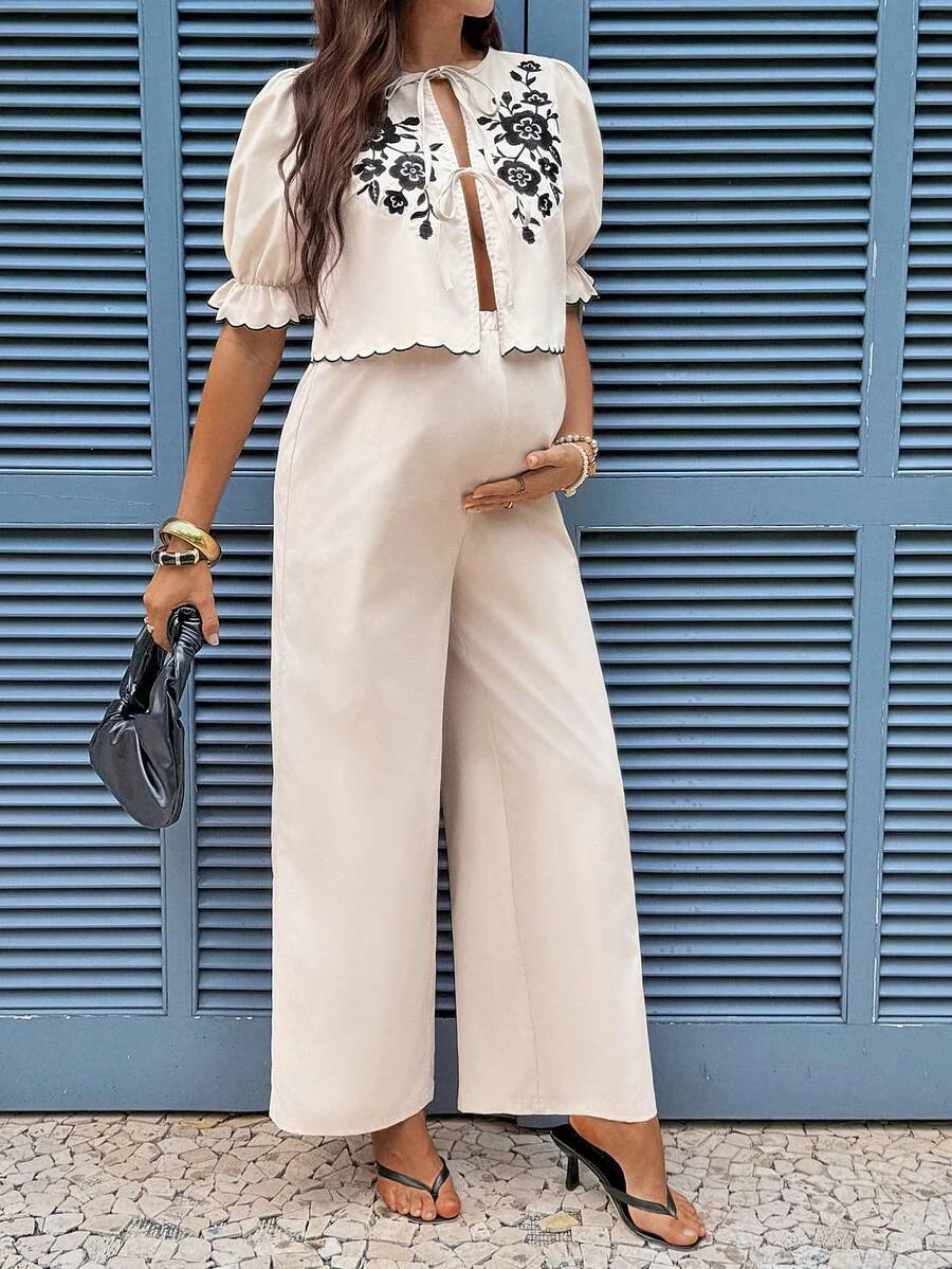 Apricot Floral Embroidery Maternity Set with Tie Front Ruffle Blouse and Wide Leg Pants - Boho Two-Piece Vacation Holiday Outfit