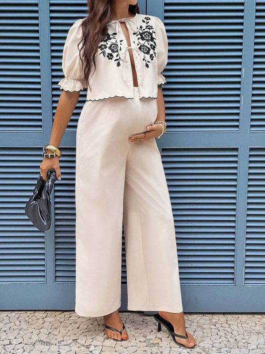 Apricot Floral Embroidery Maternity Set with Tie Front Ruffle Blouse and Wide Leg Pants - Boho Two-Piece Vacation Holiday Outfit
