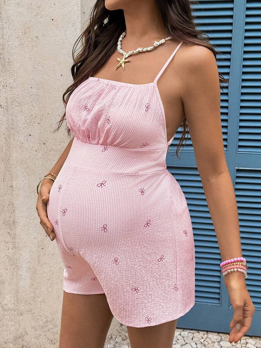 Maternity Jumpsuit Romper - Pink Bow Print Boho Spaghetti Strap, Baby Shower & Photoshoot