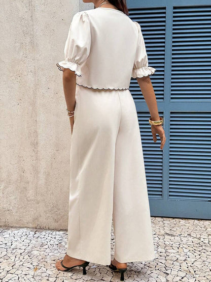 Apricot Floral Embroidery Maternity Set with Tie Front Ruffle Blouse and Wide Leg Pants - Boho Two-Piece Vacation Holiday Outfit