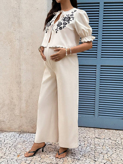 Apricot Floral Embroidery Maternity Set with Tie Front Ruffle Blouse and Wide Leg Pants - Boho Two-Piece Vacation Holiday Outfit