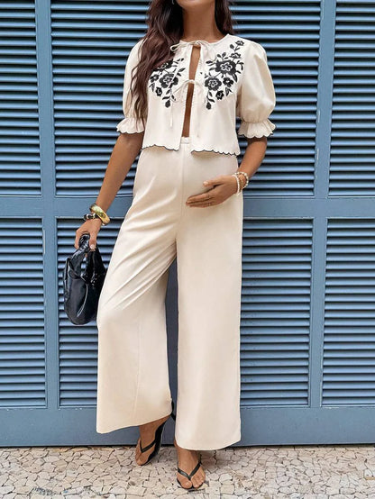 Apricot Floral Embroidery Maternity Set with Tie Front Ruffle Blouse and Wide Leg Pants - Boho Two-Piece Vacation Holiday Outfit