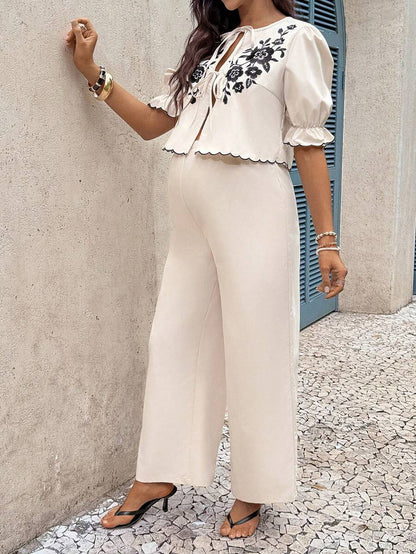 Apricot Floral Embroidery Maternity Set with Tie Front Ruffle Blouse and Wide Leg Pants - Boho Two-Piece Vacation Holiday Outfit