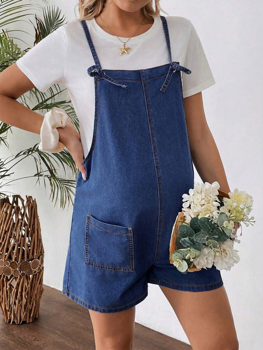 Maternity Dark Wash Denim Bib Shorts Casual Spaghetti Strap Plain Sleeveless Jean Overalls for Country Concerts