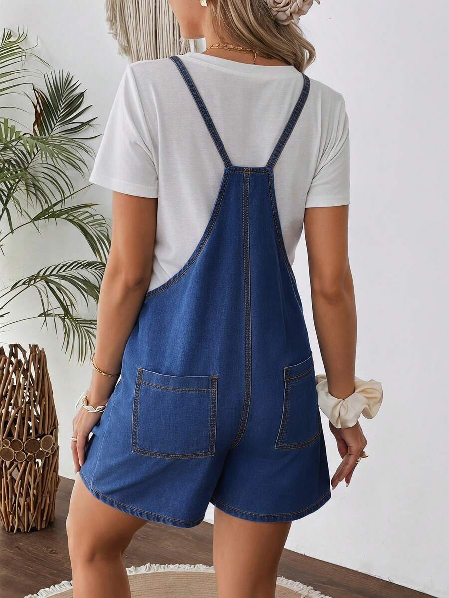 Maternity Dark Wash Denim Bib Shorts Casual Spaghetti Strap Plain Sleeveless Jean Overalls for Country Concerts