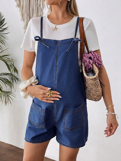 Maternity Dark Wash Denim Bib Shorts Casual Spaghetti Strap Plain Sleeveless Jean Overalls for Country Concerts