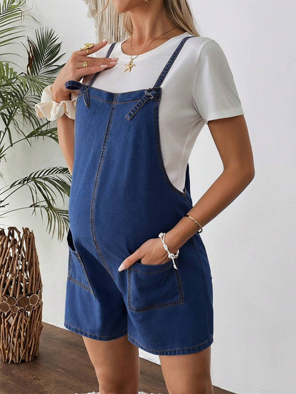 Maternity Dark Wash Denim Bib Shorts Casual Spaghetti Strap Plain Sleeveless Jean Overalls for Country Concerts