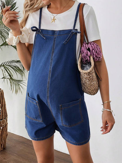 Maternity Dark Wash Denim Bib Shorts Casual Spaghetti Strap Plain Sleeveless Jean Overalls for Country Concerts