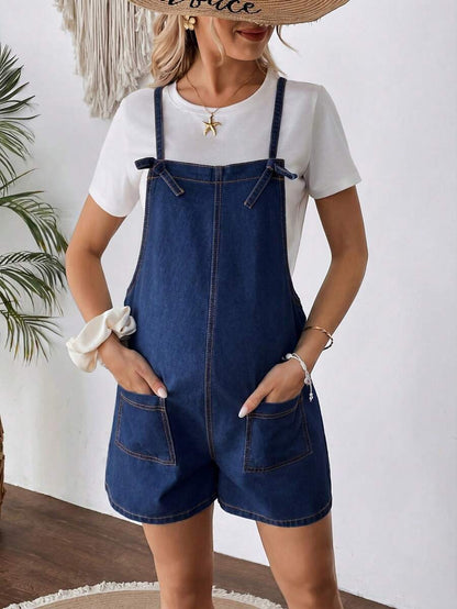 Maternity Dark Wash Denim Bib Shorts Casual Spaghetti Strap Plain Sleeveless Jean Overalls for Country Concerts