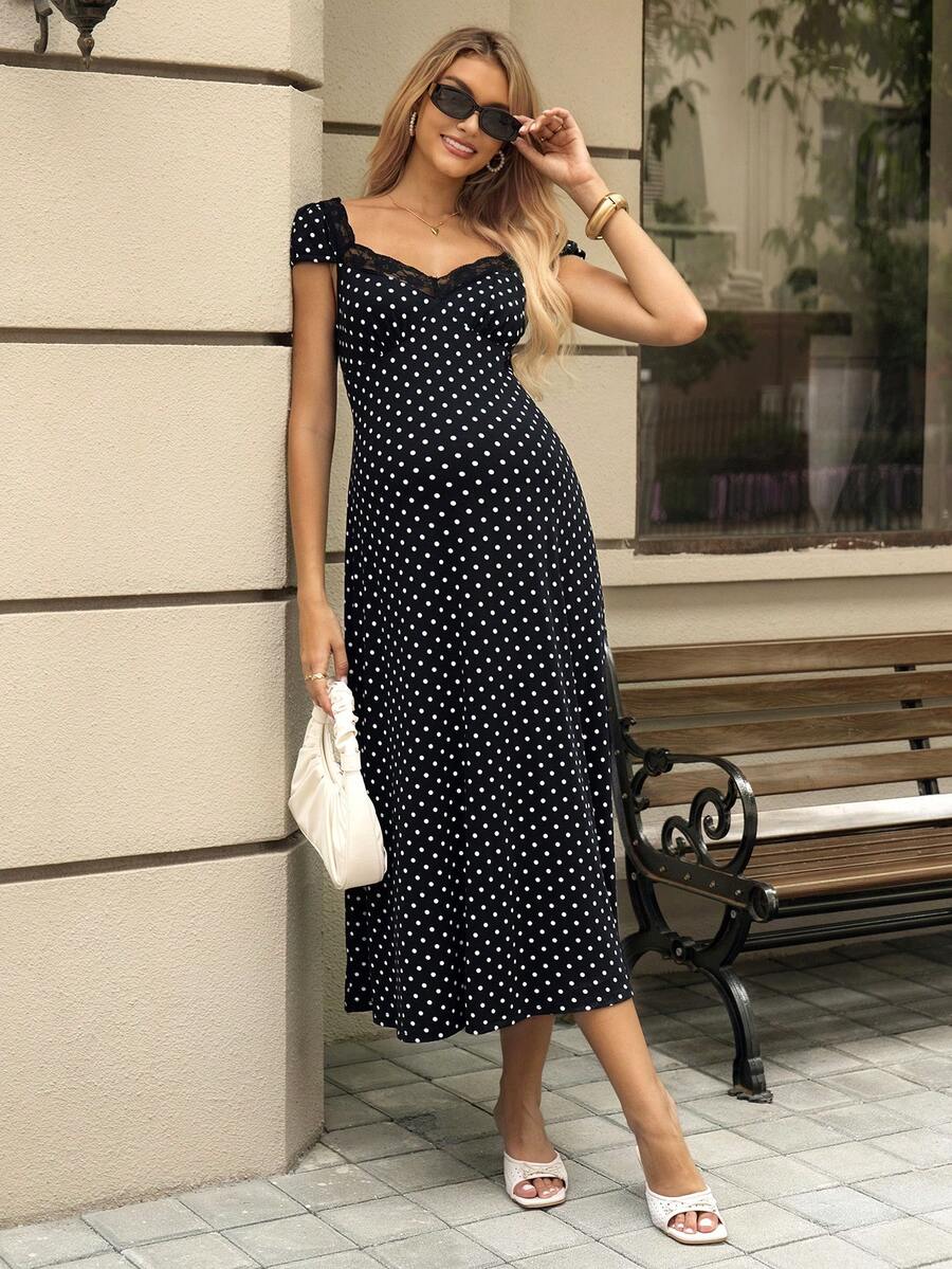 Polka Dot Print Lace Patchwork Maternity Midi Dress with Short Puff Sleeves and Sweetheart Neckline Black and White High Waist A-Line Fit