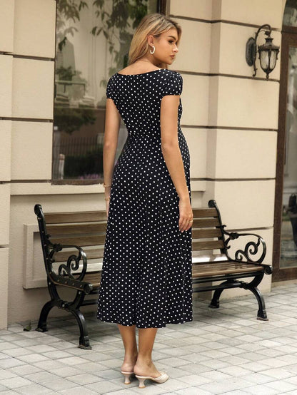 Polka Dot Print Lace Patchwork Maternity Midi Dress with Short Puff Sleeves and Sweetheart Neckline Black and White High Waist A-Line Fit