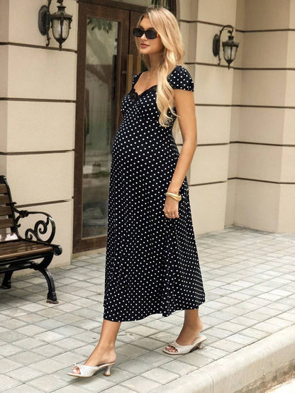 Polka Dot Print Lace Patchwork Maternity Midi Dress with Short Puff Sleeves and Sweetheart Neckline Black and White High Waist A-Line Fit