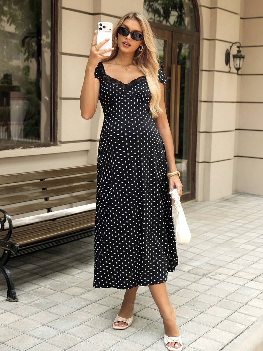 Polka Dot Print Lace Patchwork Maternity Midi Dress with Short Puff Sleeves and Sweetheart Neckline Black and White High Waist A-Line Fit