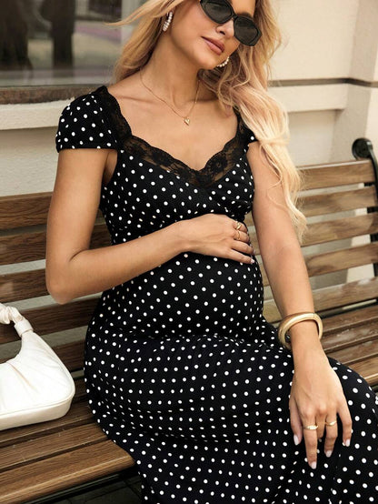 Polka Dot Print Lace Patchwork Maternity Midi Dress with Short Puff Sleeves and Sweetheart Neckline Black and White High Waist A-Line Fit