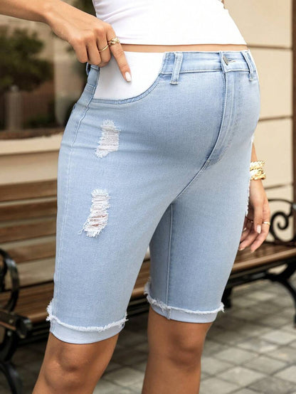 Light Wash Distressed Maternity Denim Shorts - High Stretch Ripped Bermuda Jean Shorts for Women - Skinny Fit Summer Vacation Maternity Shorts