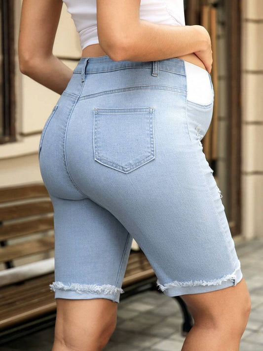 Light Wash Distressed Maternity Denim Shorts - High Stretch Ripped Bermuda Jean Shorts for Women - Skinny Fit Summer Vacation Maternity Shorts