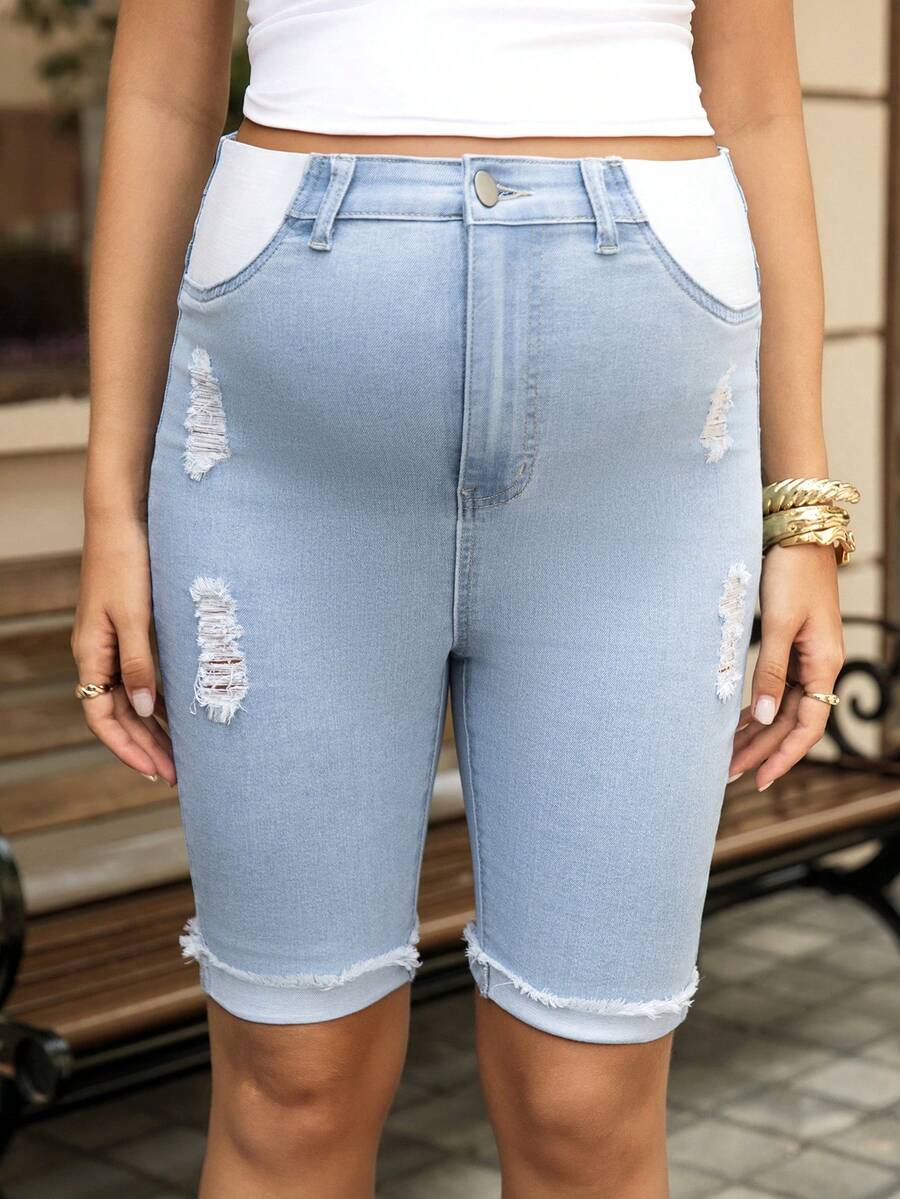 Light Wash Distressed Maternity Denim Shorts - High Stretch Ripped Bermuda Jean Shorts for Women - Skinny Fit Summer Vacation Maternity Shorts