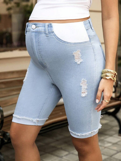 Light Wash Distressed Maternity Denim Shorts - High Stretch Ripped Bermuda Jean Shorts for Women - Skinny Fit Summer Vacation Maternity Shorts