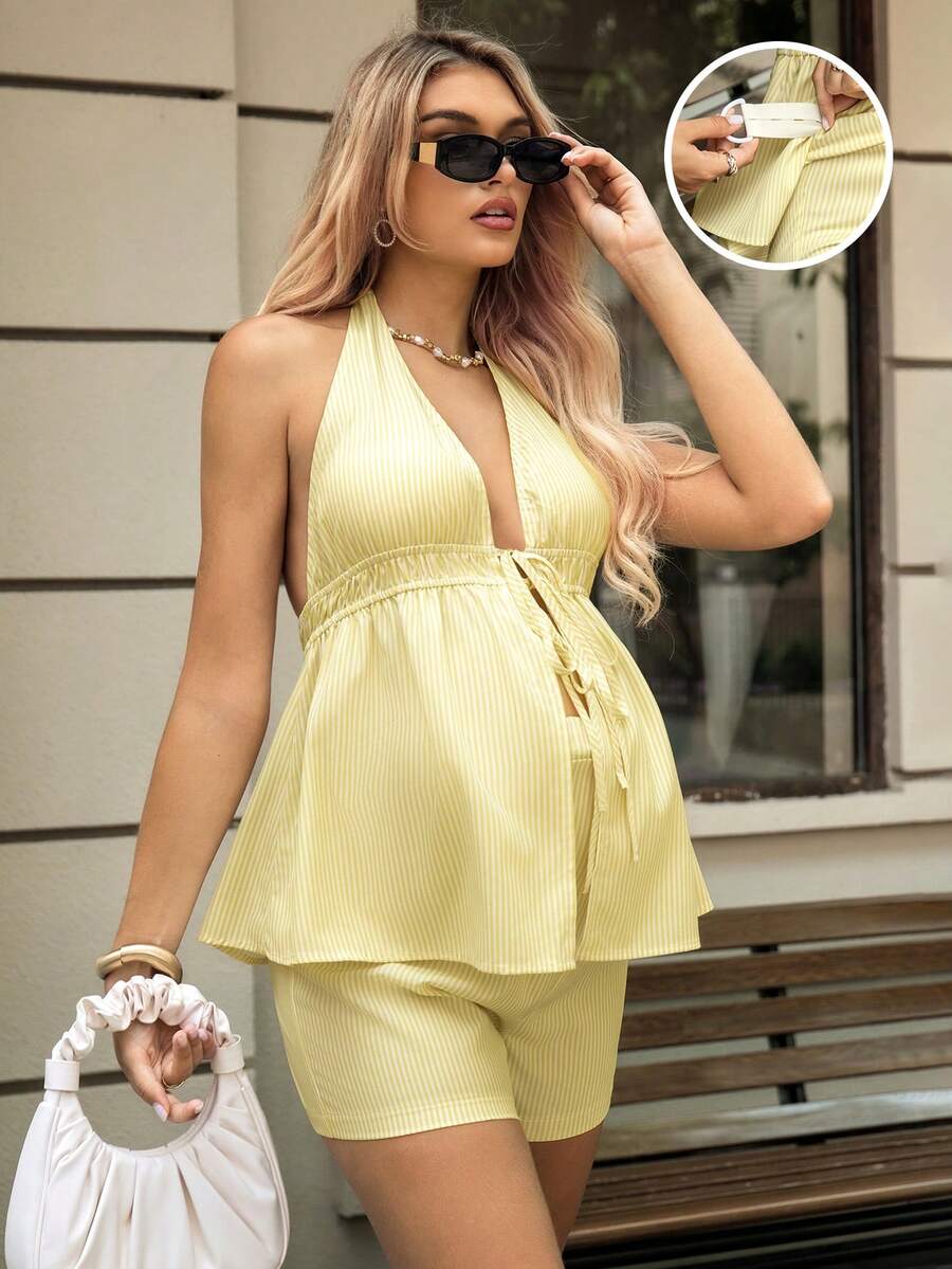 Yellow and White Striped Halter Maternity & Nursing Two-Piece Set – Deep V-Neck Button Top and Relaxed Drawstring Shorts Casual Brunch Set