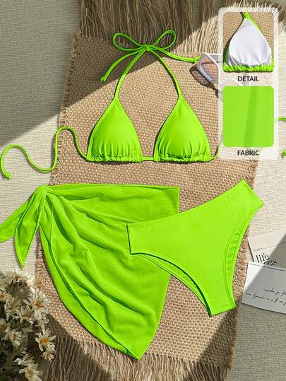 Swim Vcay 3pcs/Set Women's Neon Green Halter Tie Sexy Bikini Swimsuit With Skirt, Summer Beach Floral Print