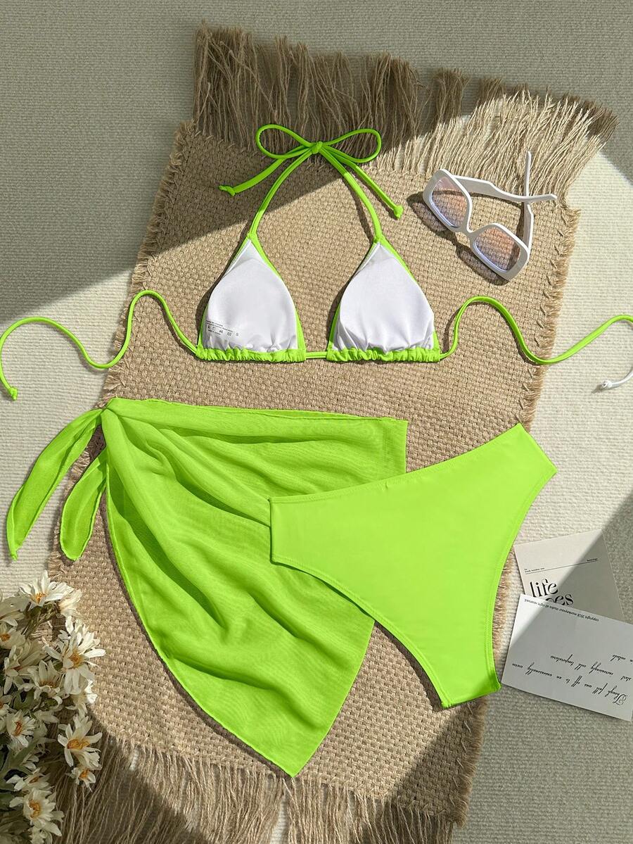 Swim Vcay 3pcs/Set Women's Neon Green Halter Tie Sexy Bikini Swimsuit With Skirt, Summer Beach Floral Print