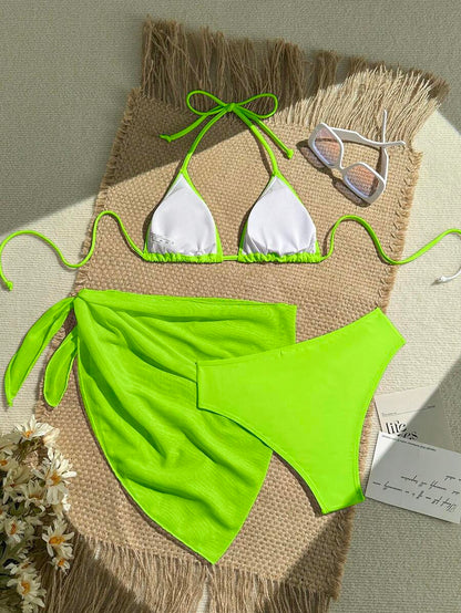 Swim Vcay 3pcs/Set Women's Neon Green Halter Tie Sexy Bikini Swimsuit With Skirt, Summer Beach Floral Print