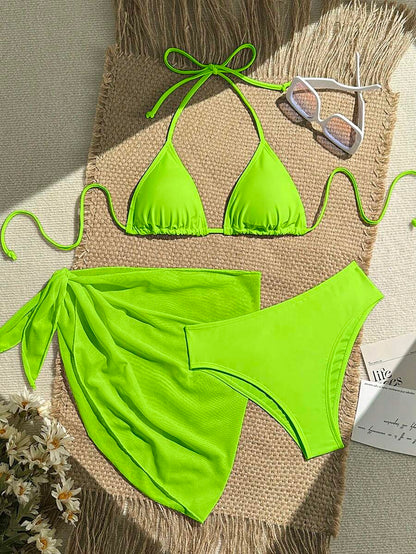 Swim Vcay 3pcs/Set Women's Neon Green Halter Tie Sexy Bikini Swimsuit With Skirt, Summer Beach Floral Print