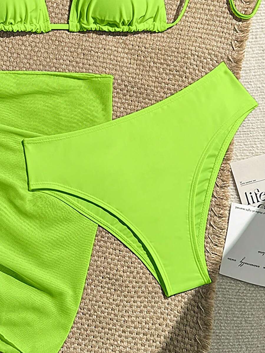 Swim Vcay 3pcs/Set Women's Neon Green Halter Tie Sexy Bikini Swimsuit With Skirt, Summer Beach Floral Print