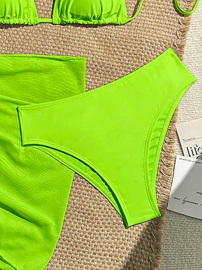 Swim Vcay 3pcs/Set Women's Neon Green Halter Tie Sexy Bikini Swimsuit With Skirt, Summer Beach Floral Print