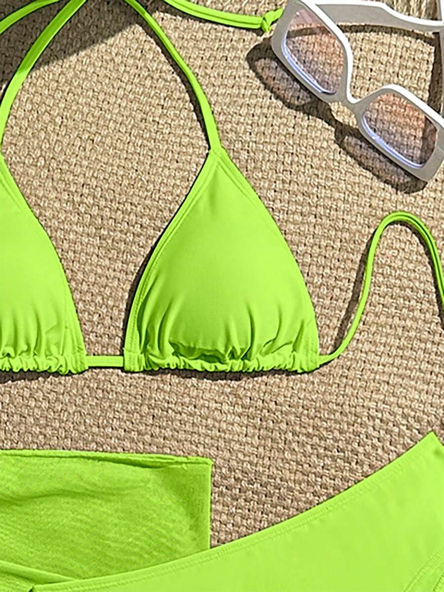 Swim Vcay 3pcs/Set Women's Neon Green Halter Tie Sexy Bikini Swimsuit With Skirt, Summer Beach Floral Print