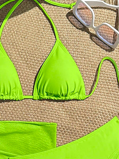 Swim Vcay 3pcs/Set Women's Neon Green Halter Tie Sexy Bikini Swimsuit With Skirt, Summer Beach Floral Print
