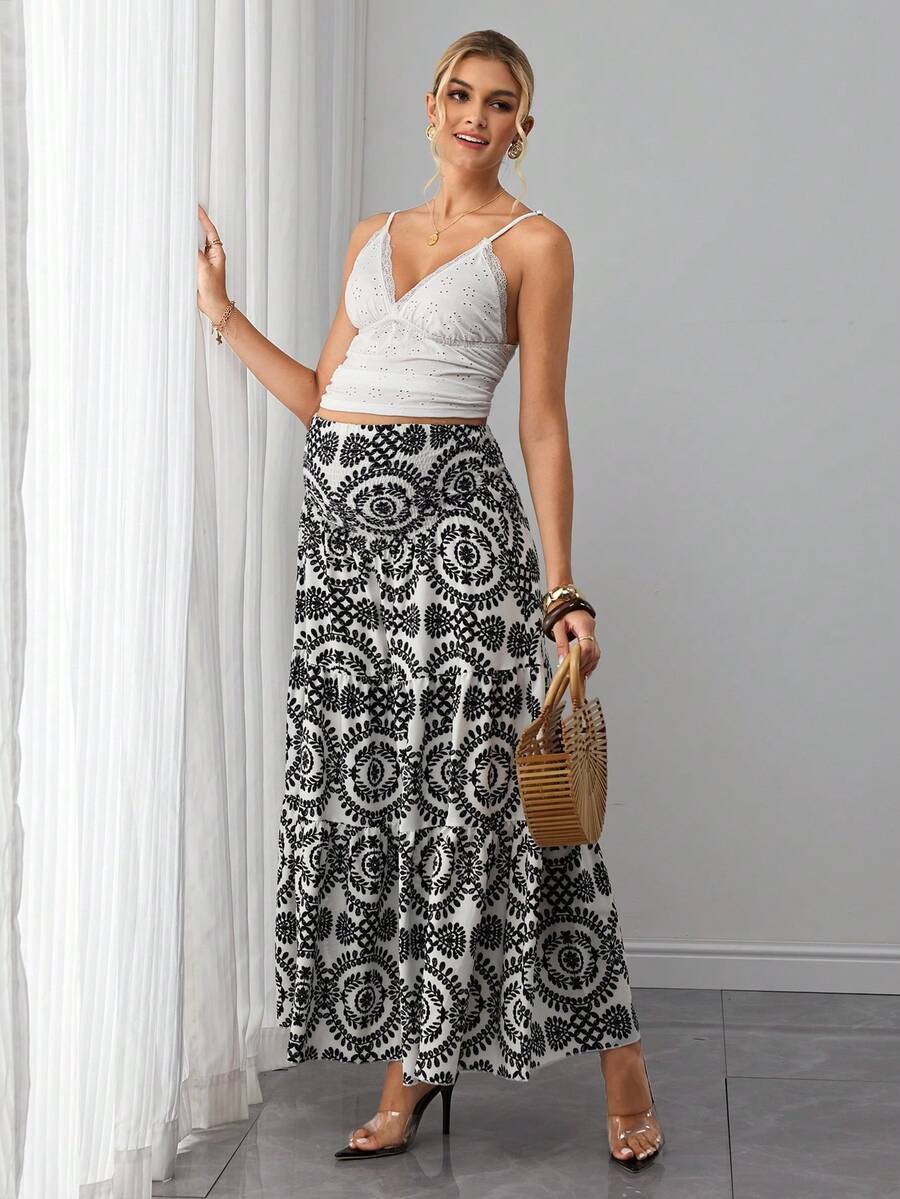 Maternity Printed Maxi Skirt - High Waist, Shirred, A-Line, Loose Fit, Long, Black