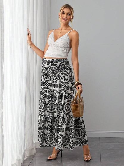 Maternity Printed Maxi Skirt - High Waist, Shirred, A-Line, Loose Fit, Long, Black