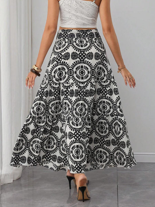 Maternity Printed Maxi Skirt - High Waist, Shirred, A-Line, Loose Fit, Long, Black