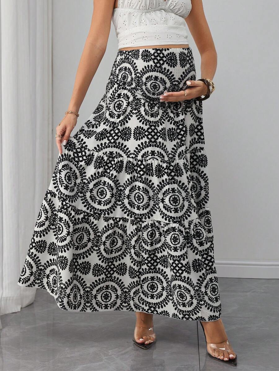 Maternity Printed Maxi Skirt - High Waist, Shirred, A-Line, Loose Fit, Long, Black