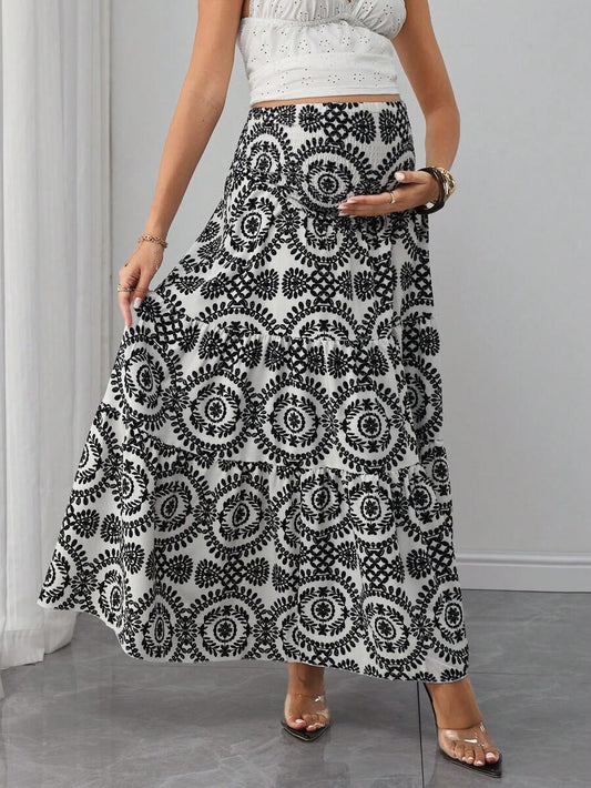Maternity Printed Maxi Skirt - High Waist, Shirred, A-Line, Loose Fit, Long, Black