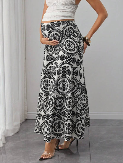 Maternity Printed Maxi Skirt - High Waist, Shirred, A-Line, Loose Fit, Long, Black