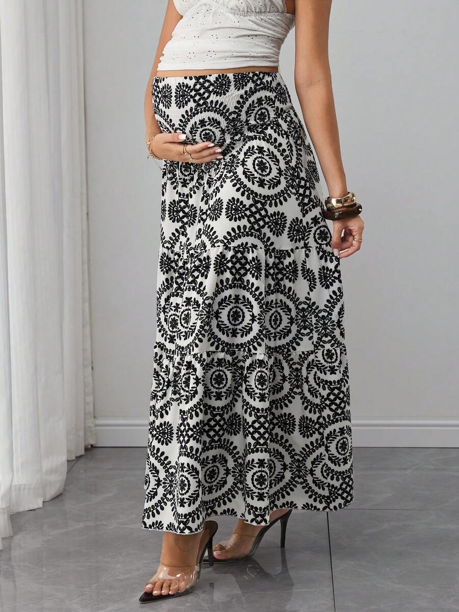 Maternity Printed Maxi Skirt - High Waist, Shirred, A-Line, Loose Fit, Long, Black