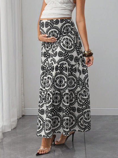 Maternity Printed Maxi Skirt - High Waist, Shirred, A-Line, Loose Fit, Long, Black