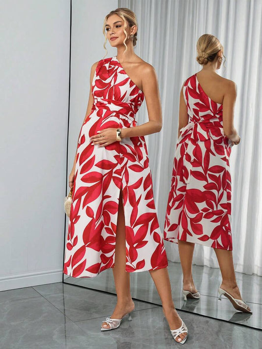 Maternity Colorblock A-Line Midi Dress - Asymmetric Neck, Sleeveless, Split Hem, Slim Fit, Multicolor