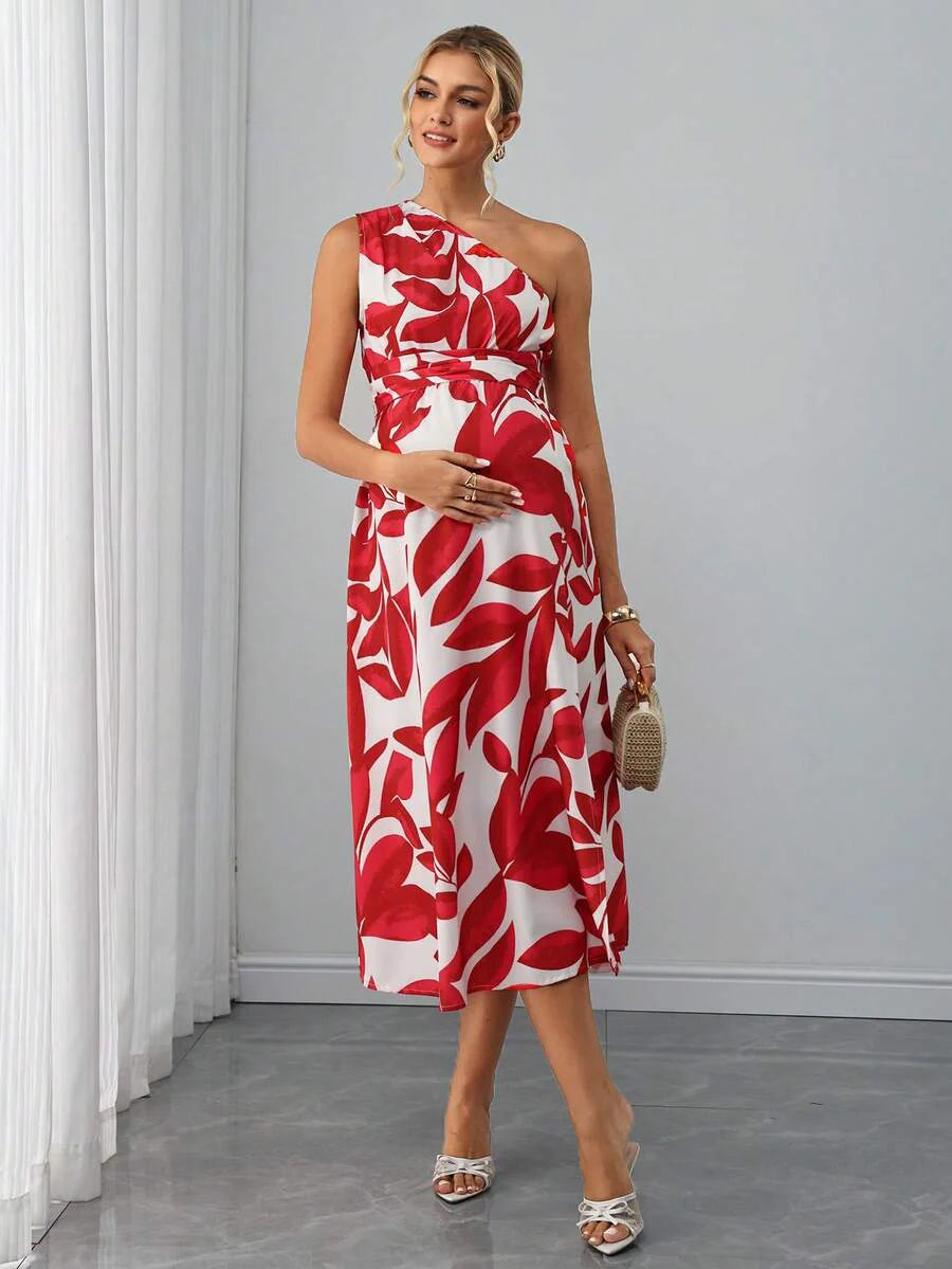 Maternity Colorblock A-Line Midi Dress - Asymmetric Neck, Sleeveless, Split Hem, Slim Fit, Multicolor
