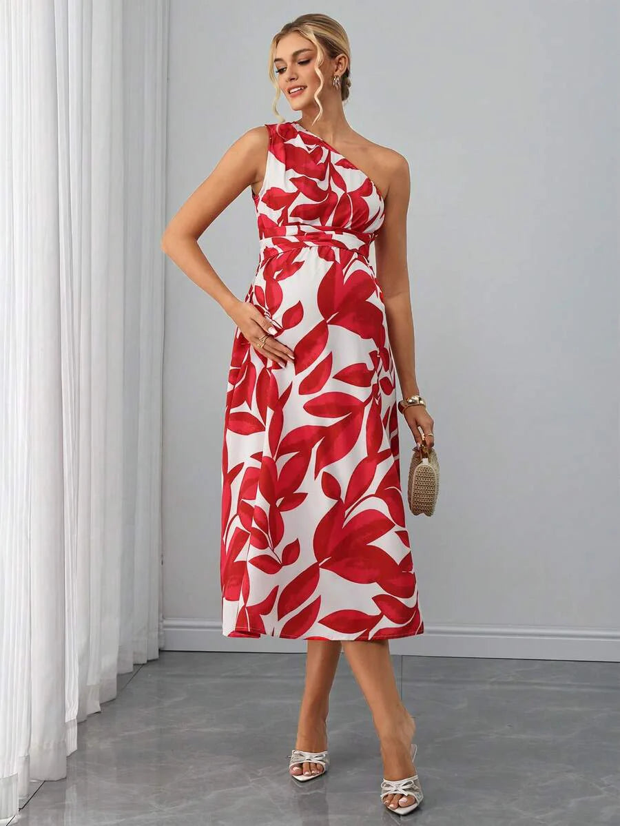 Maternity Colorblock A-Line Midi Dress - Asymmetric Neck, Sleeveless, Split Hem, Slim Fit, Multicolor
