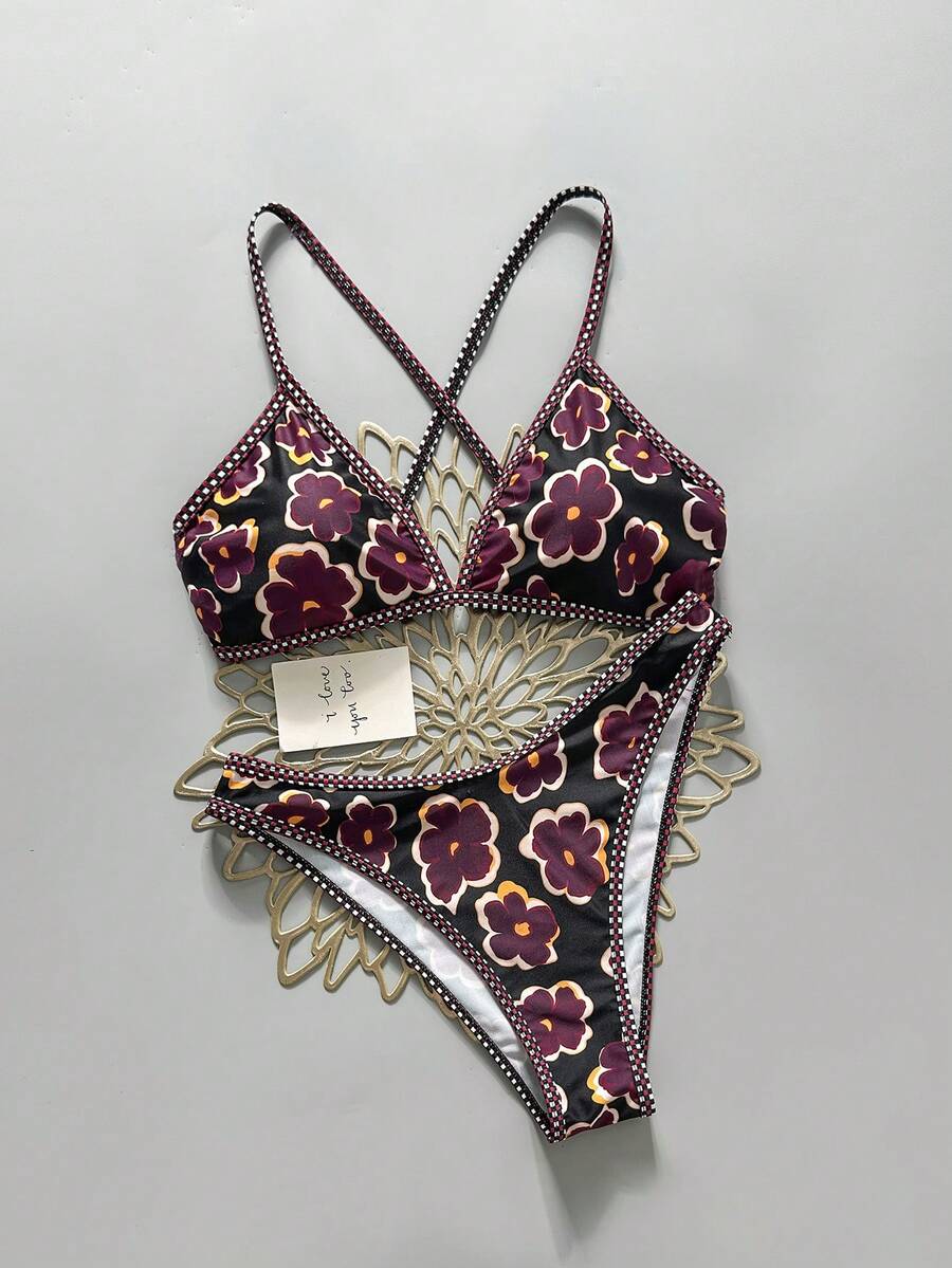 Women's Sporty Triangle Bikini Set - Contrasting Trim, Criss Cross, Spaghetti Strap, Navy Blue