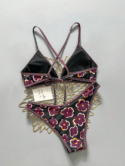 Women's Sporty Triangle Bikini Set - Contrasting Trim, Criss Cross, Spaghetti Strap, Navy Blue