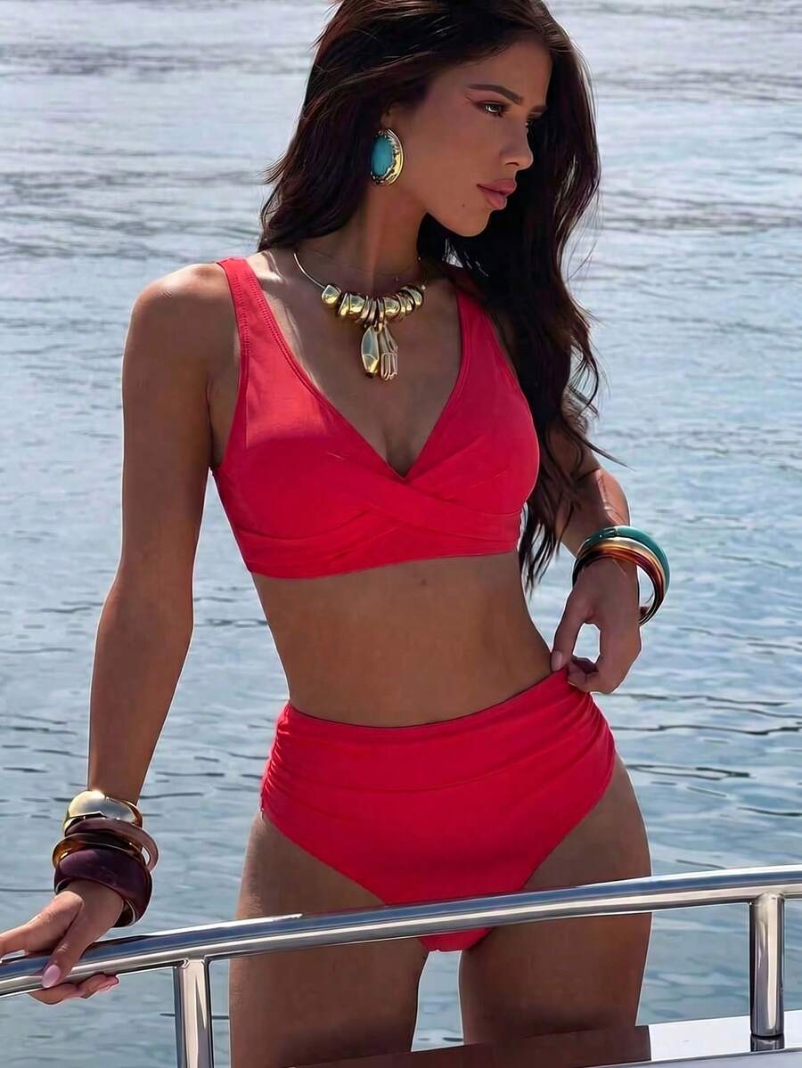 Women's 2-Piece Striped Bikini Set - Cross Wrap Bust, High Waist, Deep V Neck, Blue