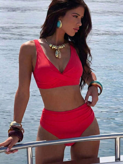 Women's 2-Piece Striped Bikini Set - Cross Wrap Bust, High Waist, Deep V Neck, Blue