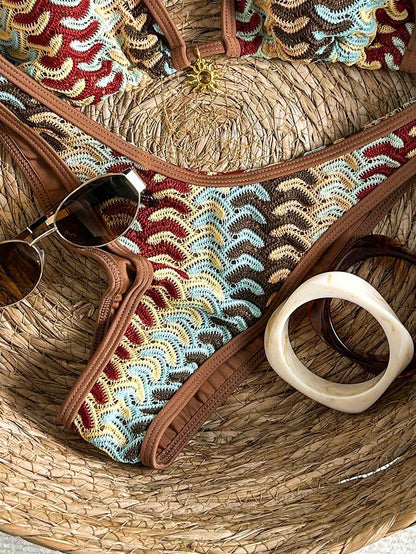 Women's 2-Piece Boho Halter Bikini Set - Gold Accessory, High-Cut, Floral Print, Multicolor