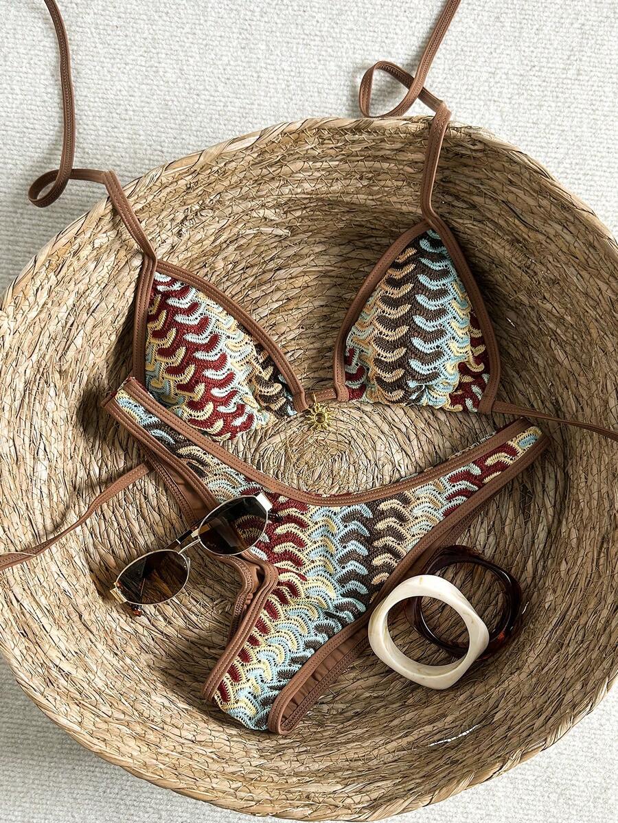 Women's 2-Piece Boho Halter Bikini Set - Gold Accessory, High-Cut, Floral Print, Multicolor