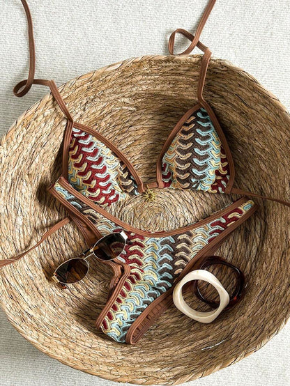 Women's 2-Piece Boho Halter Bikini Set - Gold Accessory, High-Cut, Floral Print, Multicolor